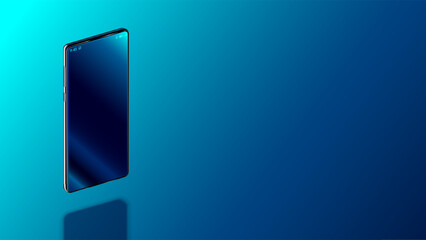 Modern vertical smartphone floating over table with smooth dark blue surface in perspective view with reflection. Realistic vector illustration isometric phone. Mock up or template shiny phone.