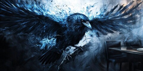 Geometric shapes create a unique backdrop for a raven sketch.