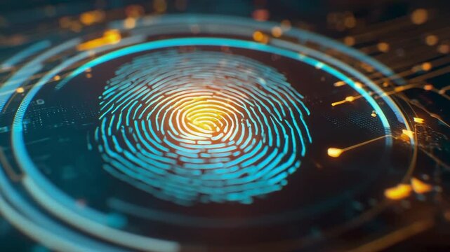 Digital fingerprint analysis cybersecurity conference visual data representation high-tech environment close-up view identity verification concept