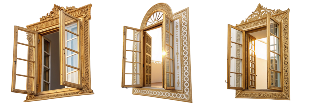 Set of A golden open window with design isolated on a transparent background - Powered by Adobe