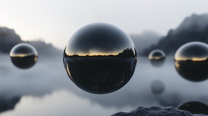 Glossy Floating Spheres in Black and Gold Amidst Ethereal Gray Mist