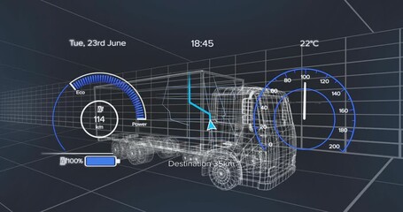 Wireframe truck semi-trailer model rotating in 3D grid, showing Eco or Power gauge and navigation pa - Powered by Adobe