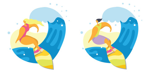 Two stylized surfers ride waves