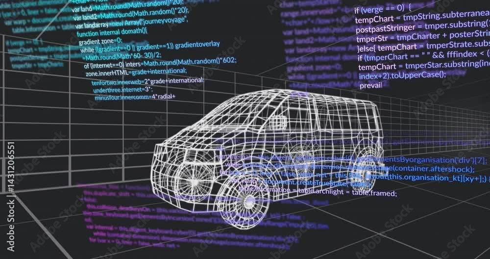 Poster 3d wireframe suv model floating over dark grid workspace, with neon code snippets hovering