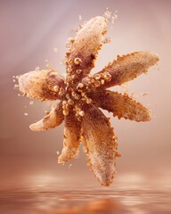 Elegant starfish adorned with golden pearls floating above tranquil water surface in warm light