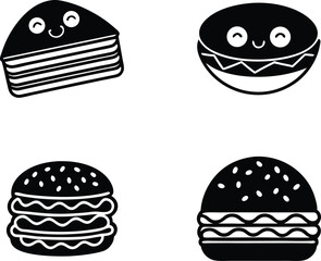 Cute Burger and Cake Icons, Black Silhouette Food Vector Set, Happy Burger and Dessert Faces, Kawaii Style Food Silhouettes, Smiling Hamburger and Cake Clipart, Minimalist Black Food Icons, Fast Food.
