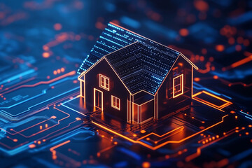 Smart home technology futuristic house digital circuit board glowing lines