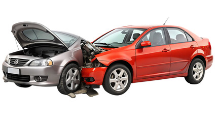 Obraz premium two Cars accident violently facing each other, on isolated white background Generative ai