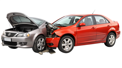 two Cars accident violently facing each other, on isolated white background Generative ai