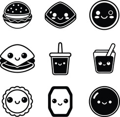 Cute Burger and Cake Icons, Black Silhouette Food Vector Set, Happy Burger and Dessert Faces, Kawaii Style Food Silhouettes, Smiling Hamburger and Cake Clipart, Minimalist Black Food Icons, Fast Food.