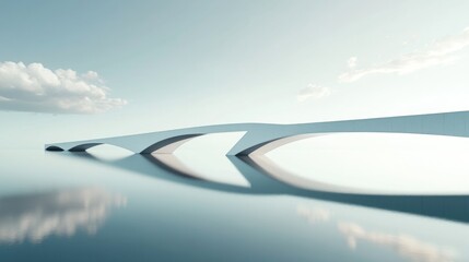 Minimalist white bridge over calm water, serene landscape