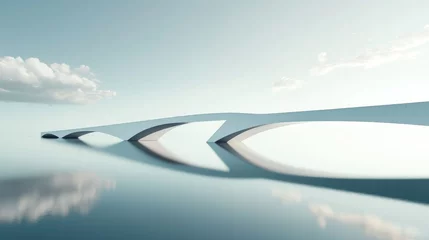  Minimalist white bridge over calm water, serene landscape © Erisna Yolanda