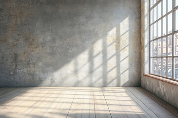 Sunlit empty room with wood floor and large window showcasing city view