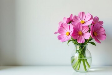 Fototapeta premium Pink cosmos bouquet in glass vase on white shelf Summer floral home decor , glass, wooden shelf, nature