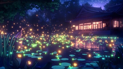 Obraz premium A serene night scene with fireflies illuminating a pond and a traditional house in the background