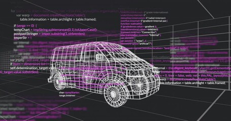 White 3D wireframe van floating on dark gray grid, showing JavaScript HTML code overlays - Powered by Adobe