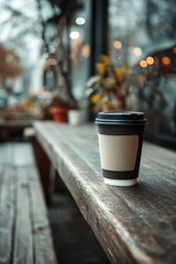 Cozy coffee cup mockup for design on a rustic wooden table, warm tones, perfect for autumn vibes.