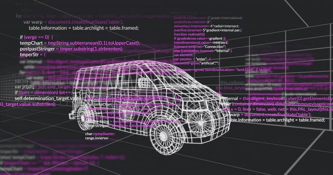 White 3D wireframe van floating on dark gray grid, showing JavaScript HTML code overlays