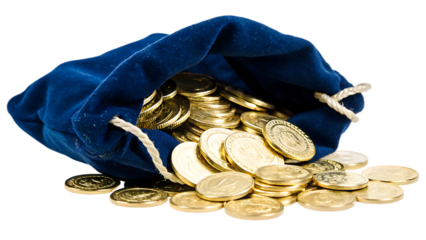 A bag of golden coins isolated on white background. AI GENERATED
