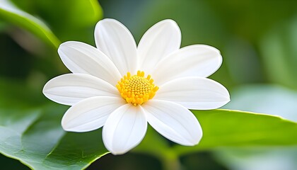 Fototapeta premium A single white flower with a yellow center blooms against a backdrop of green leaves