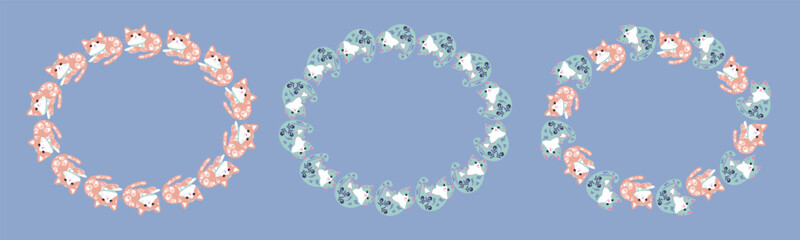 Frame of playful cats arranged in a round or rectangular frame with Petrikovka pattern. Perfect for pet-themed designs, animal lovers, greeting cards and social media content. Vector