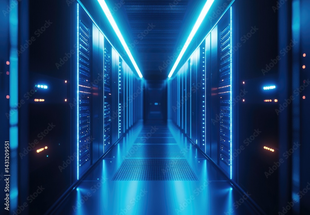 Poster Brightly lit data center corridor lined with glowing server racks, ideal for representing cloud services, digital transformation, and modern IT infrastructure environments