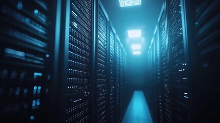 Fototapeta premium Blue-lit server hallway in a high-tech data center with glowing cabinets, ideal for illustrating secure storage, digital infrastructure, or futuristic IT environments