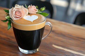 Close Up Black Coffee with Heart Latte Art Peach Roses on Wood Table Top