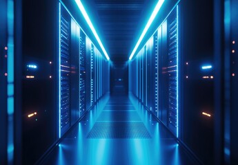 Fototapeta premium Brightly lit data center corridor lined with glowing server racks, ideal for representing cloud services, digital transformation, and modern IT infrastructure environments