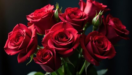 Obraz premium Red roses bouquet, black stone Valentine's Day Copy space , stone, love