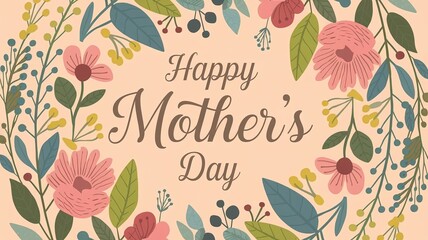 Vibrant and Colorful 'Happy Mother's Day' Design Featuring a Circular Floral Arrangement with Pink, Yellow, Green, and Blue Flowers, Leaves, and Berries, and Elegant Cursive Typography at the Center