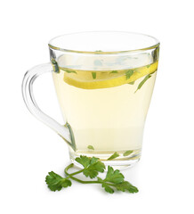Healthy parsley tea with lemon slice isolated on white. Detox drink