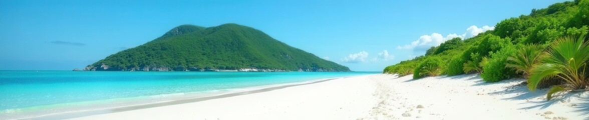 Obraz premium White sand beach curves gently towards a lush green hill, clear blue sky above , tropical, paradise