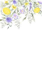 Floral postcard of watercolor wildflowers dandelion, bellflower, buttercup, mouse pea and meadow grasses isolated illustration with copy space, A4. Hand drawn yellow and lilac flowers for invitations.