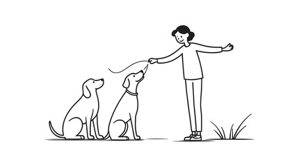 Obraz premium Happy Woman Training Two Adorable Dogs Outdoors: A Simple Line Art Illustration