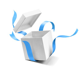 White open gift box with blue ribbon isolated on white