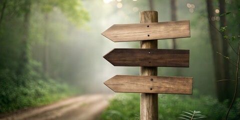 Naklejka premium This wooden signpost with three arrows on a tranquil forest pathway symbolizes direction and choices. The blurred background enhances the natural, peaceful vibe, ideal for outdoor and nature themes