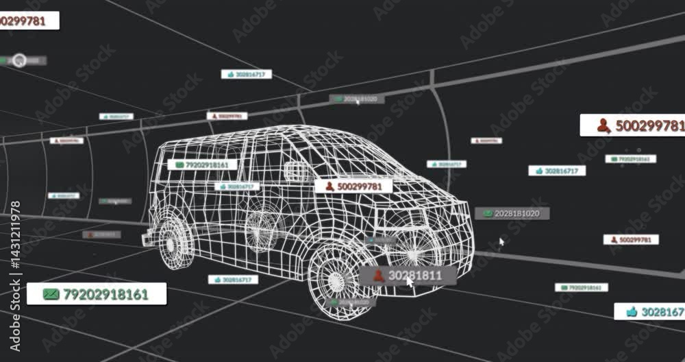 Poster white wireframe van floating in dark 3d render scene, displaying hovering data labels with icons
