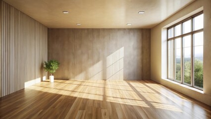 Obraz premium Sunlit Empty Room with Wooden Floor and Wall Paneling Perfect for Interior Design Presentation