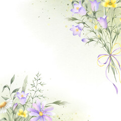 Bouquet of watercolor wildflowers lilac bellflower, yellow buttercup and meadow grasses tied ribbon bow. Hand drawn isolated square frame of flowers with copy space for invitations and postcard.