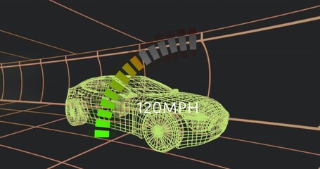 Green wireframe sports car gliding through grid tunnel flaunting 30 MPH speedometer gauge 3D render - Powered by Adobe