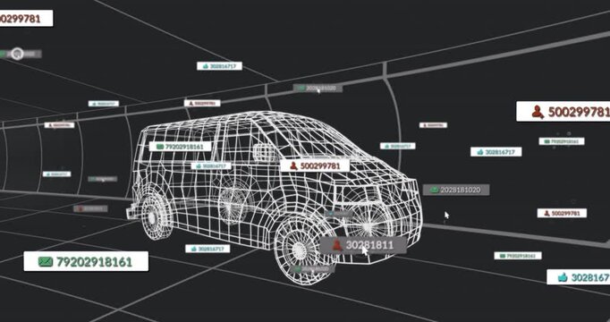 White wireframe van floating in dark 3D render scene, displaying hovering data labels with icons