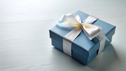 Obraz premium A delicately tied off-white ribbon adorns a powder blue gift box, resting on a subtly textured pale wooden surface.