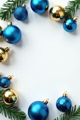 Blue and gold Christmas ornaments arranged on white Elegant festive flatlay , luxury, ornaments