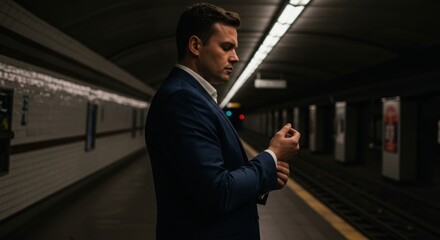 A well-dressed man checks his watch while waiting on a subway platform during a quiet evening - men with wide shoulders