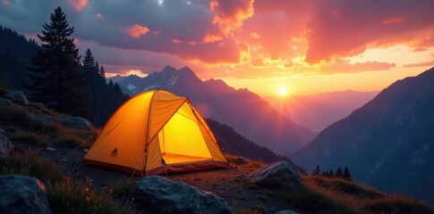 Bright yellow tent glows Dramatic Andes sunrise paints sky , Patagonia, bright