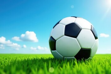 Fototapeta premium Classic black & white soccer ball on lush green grass, blue sky backdrop, white, graphic