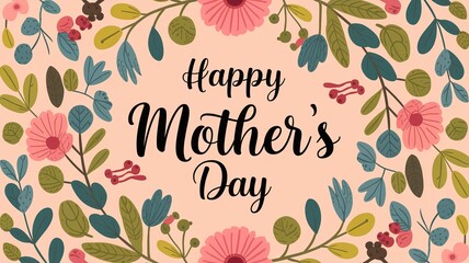 Vibrant and Colorful 'Happy Mother's Day' Design Featuring a Circular Floral Arrangement with Pink, Yellow, Green, and Blue Flowers, Leaves, and Berries, and Elegant Cursive Typography at the Center