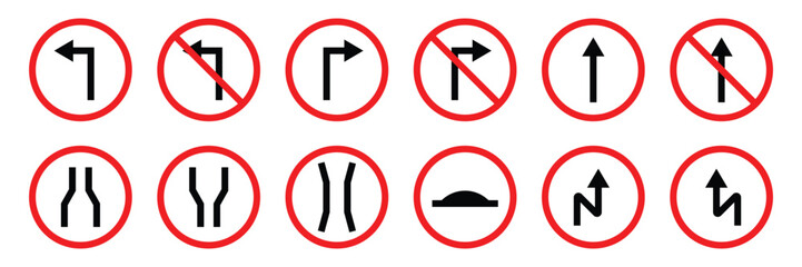 Traffic rules set turn direction restriction warning sign icon vector illustration for driving awareness safety symbol transportation guidance law enforcement.