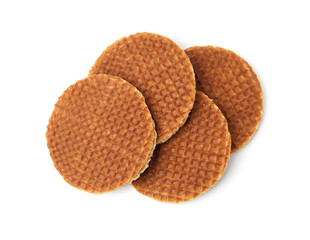 Tasty round waffles isolated on white, top view